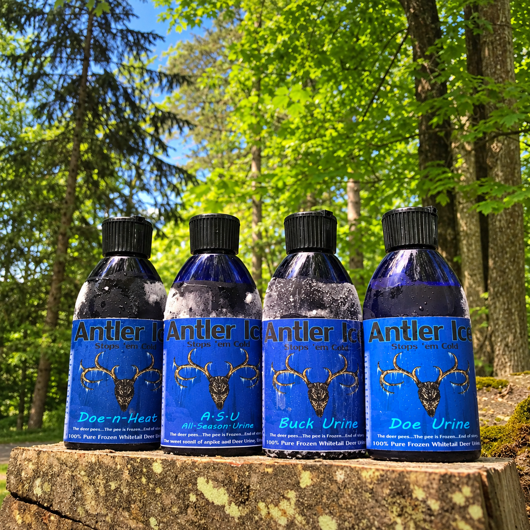 Four blue bottles of Antler Ice frozen deer urine hunting attractant (Doe-n-Heat, 9-S-U, Buck Urine, Doe Urine) arranged on a tree stump in a forest setting.
