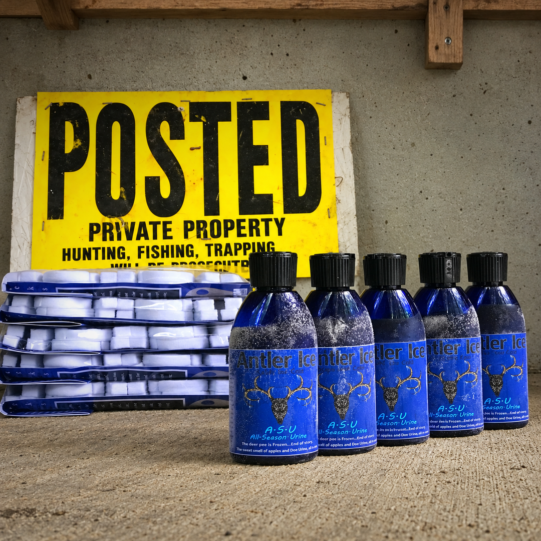 Five blue bottles of Antler Ice all season deer urine hunting attractant with black caps are lined up on a concrete surface in front of a yellow 'POSTED' sign and a stack of blue-and-white ice packs.