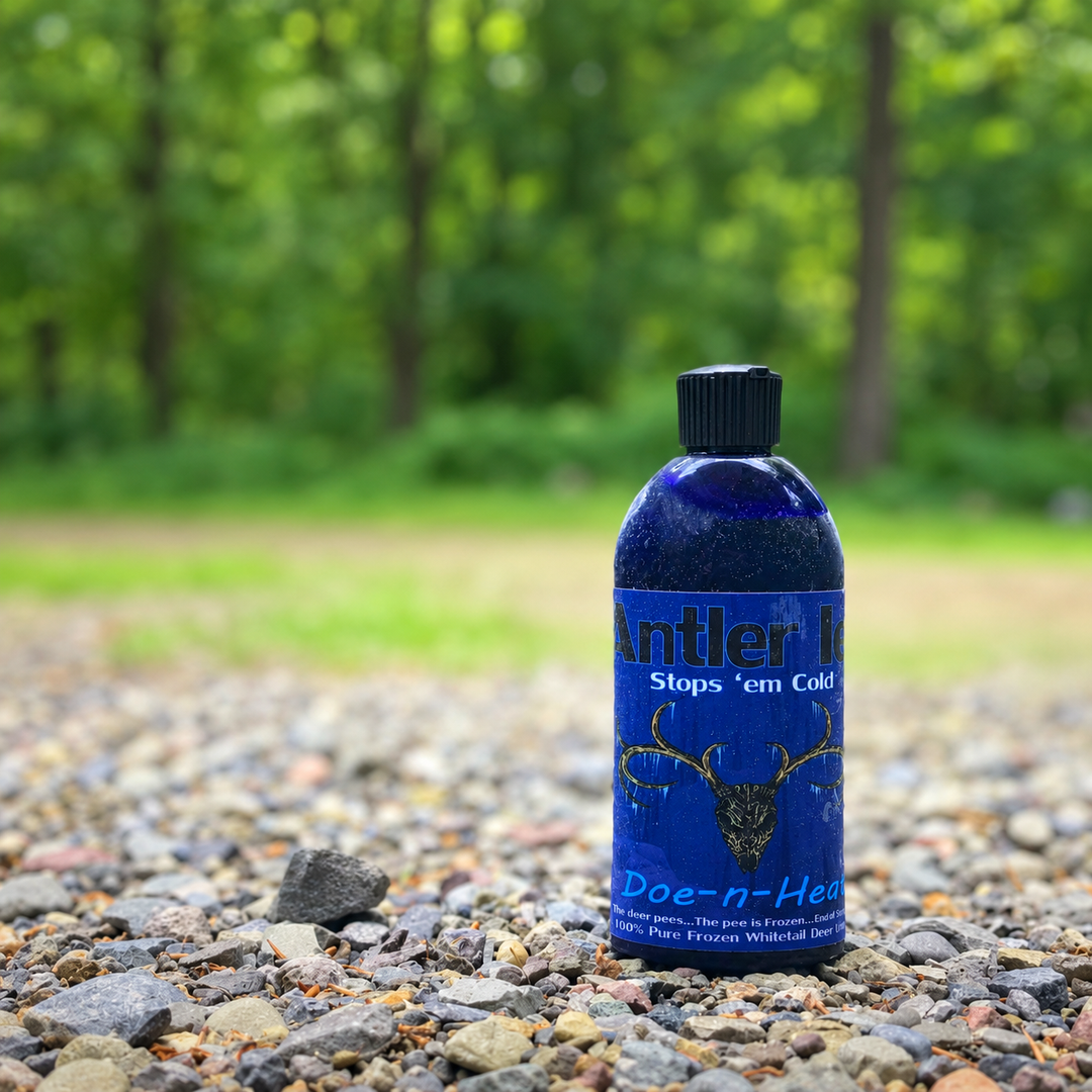 A blue bottle of Antler Ice doe in heat urine deer hunting attractant stands on a gravel path with a blurred forest background. The label features a deer head logo and text including 'Stops "em Cold' and 'Doe-n-Heat'.