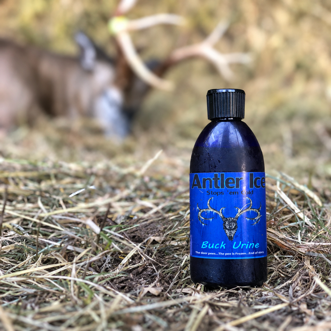 A small dark bottle labeled 'Antler Ice Buck Urine' deer hunting attractant stands on dry grass outdoors, with a blurred deer in the background.