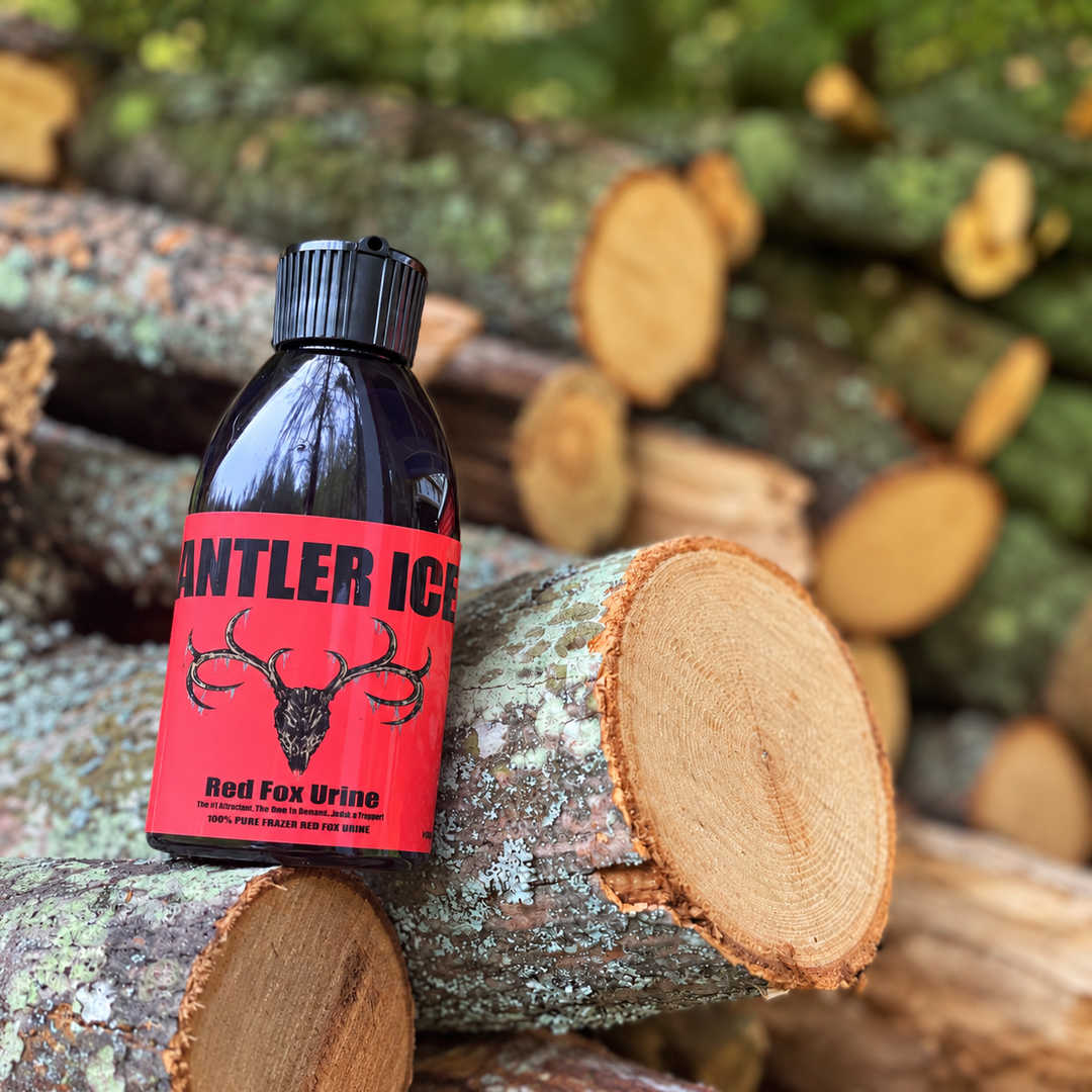 A small dark bottle with a black cap and a bright red label reading 'ANTLER ICE' and 'Red Fox Urine' sits on stacked cut logs outdoors, with blurred wood logs and mossy ground in the background.