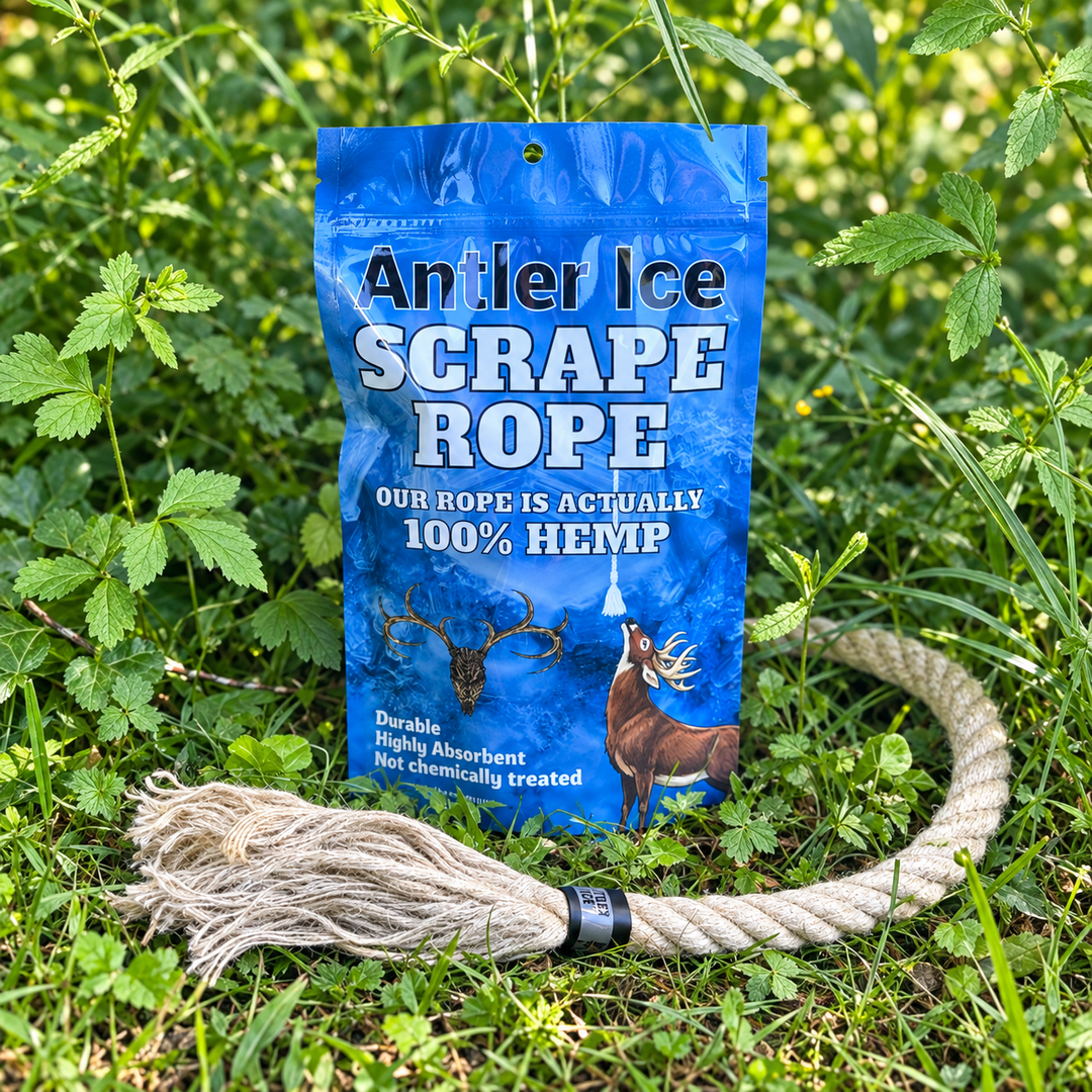 A blue bag of Antler Ice Scrape Rope standing upright in grass, with a thick beige rope laid out in a U shape in front. The bag features white text and illustrations of deer, and the scene is photographed outdoors among green plants.