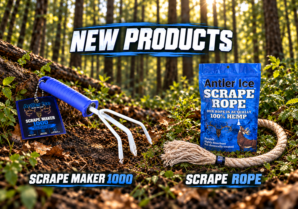 Two hemp ropes intended for huntin displayed outdoors on a forest floor: a blue-handled 'Scrape Maker 1000' raking tool on the left and a blue package of 'Antler Ice Scrape Rope' with a coiled beige hemp rope on the right. Large 'NEW PRODUCTS' text overlays appear above, with product names labeled below each item.