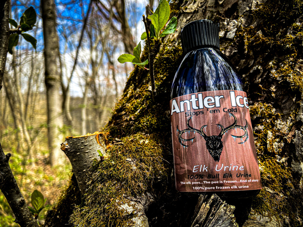 A bottle of Antler Ice elk urine scent placed against a natural background with moss and trees.