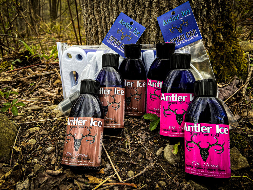 A display of Antler Ice elk urine products including three bottles with brown labels indicating bull urine and three bottles with pink labels indicating cow urine, as well as two spray caps packaged and labeled and a 10 pack of Ghost Wicks in the background in an outdoor scene of dirt, a tree trunk and some green plants. 